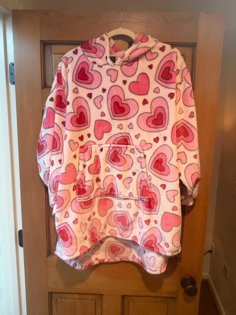 Ladies’ Plush Hooded Poncho - Pink Heart Print